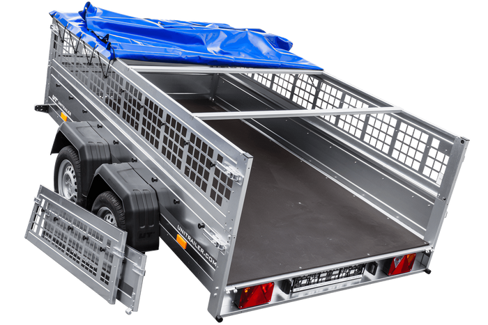 Remorque légère 264x150 UNITRAILER GARDEN 265/2 KIPP avec côtés en filet, châssis H-0 et bâche bleue