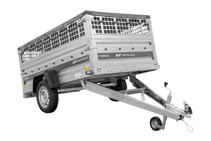 Remorque à un essieu 230x125 UNITRAILER FORCE 230 KIPP avec côtés grillagés, châssis H-0 et bâche grise