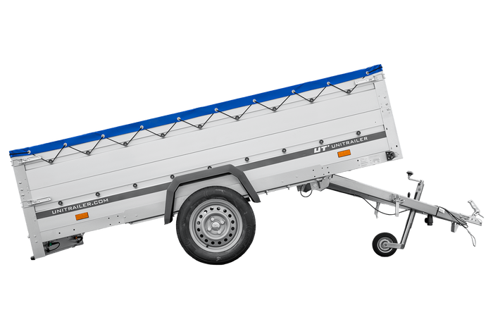 Remorque à un essieu avec ridelles en aluminium 264x125 Unitrailer Garden 264 KIPP ALU avec ridelles BIS, châssis H-0 et bâche bleue