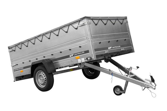 Enkelassige aanhangwagen op veren 264x125 UNITRAILER GARDEN 264/R KIPP met BIS zijwanden, H-0 frame en grijs zeil