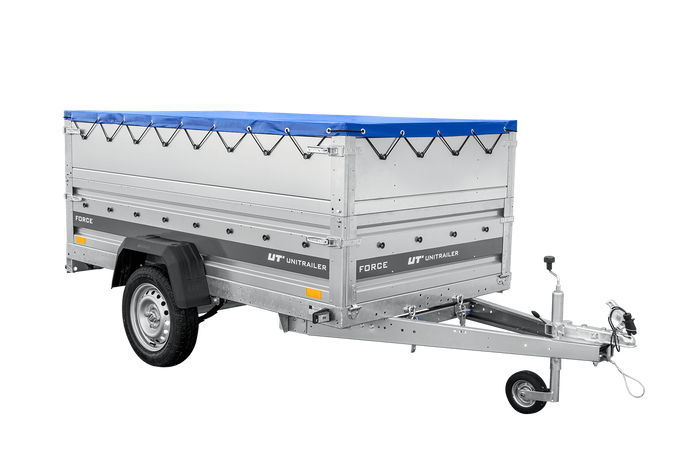 Remorque porte-voitures sur ressorts 230x125 UNITRAILER FORCE 230/R KIPP avec côtés BIS, châssis H-0 et bâche bleue