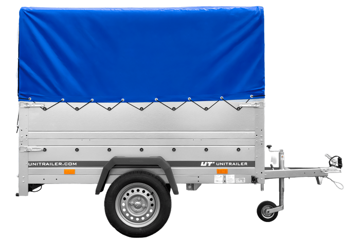 Enkelassige aanhanger 200x125 UNITRAILER GARDEN 201 KIPP met BIS-zijwanden, H-800 frame en blauwe afdekking
