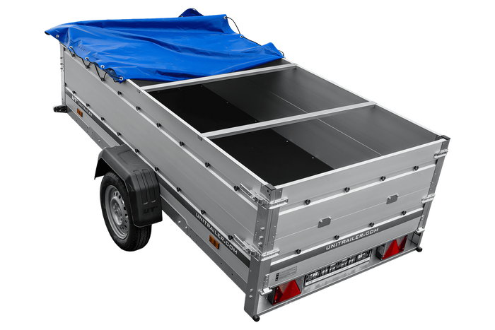 Remorque à un essieu avec ridelles en aluminium 264x125 Unitrailer Garden 264 KIPP ALU avec ridelles BIS, châssis H-0 et bâche bleue