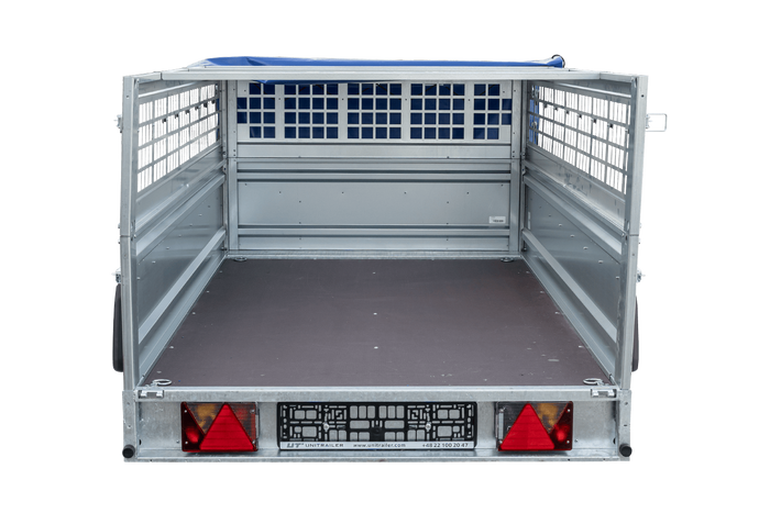 Remorque à un essieu 230x125 UNITRAILER FORCE 230 KIPP avec côtés grillagés, châssis H-0 et bâche bleue