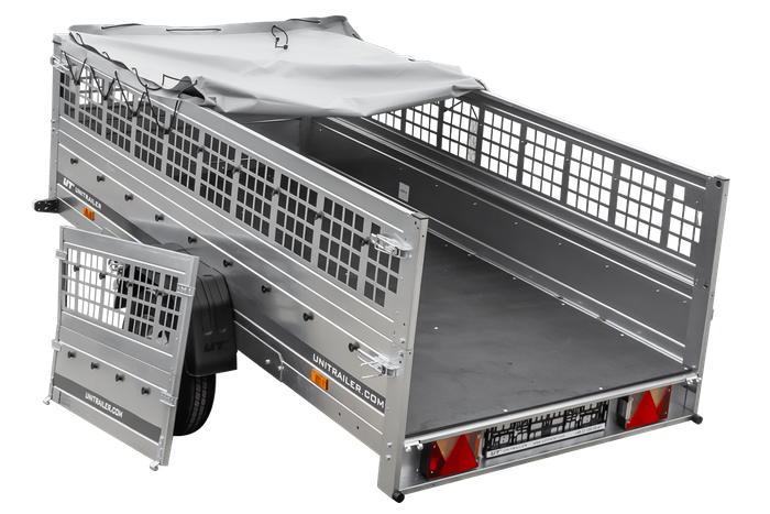 Enkelassige aanhangwagen 264x125 UNITRAILER GARDEN 264 KIPP met gaaswanden en grijs dekzeil