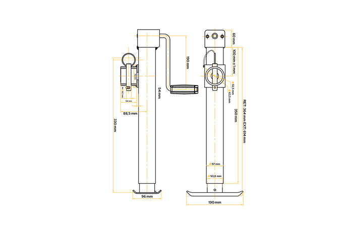Support extensible avec adaptateur UNITRAILER TJ5001+TJ5002A pour remorque plateau 1300 kg, 364-614 mm