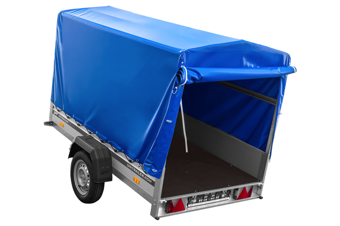 Remorque porte-voitures à côtés en aluminium 230x125 Unitrailer Garden 230 KIPP ALU avec châssis H1100 et bâche bleue