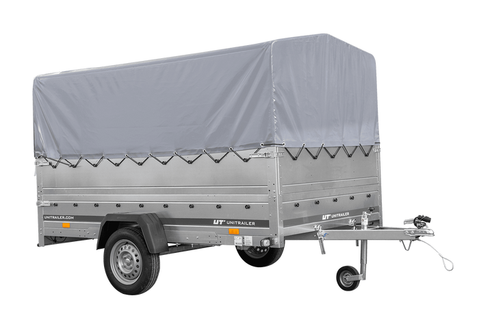 Enkelassige aanhanger op veren 264x150 UNITRAILER GARDEN 265/R KIPP met BIS-zijwanden, H-800 frame en grijze afdekking
