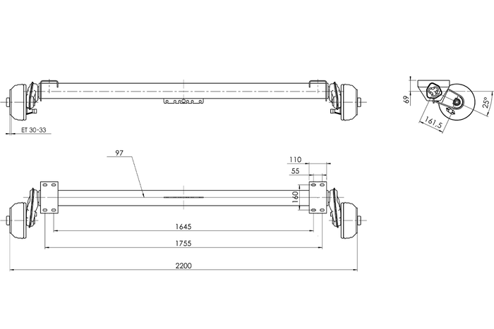 AL-KO COMPACT geremde as voor 1350kg boottrailer 1645/1755mm 2200mm 5x112