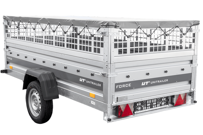 Enkelassige aanhanger 264x125 UNITRAILER FORCE 264 KIPP met gaaswanden, H-0 frame en grijze afdekking