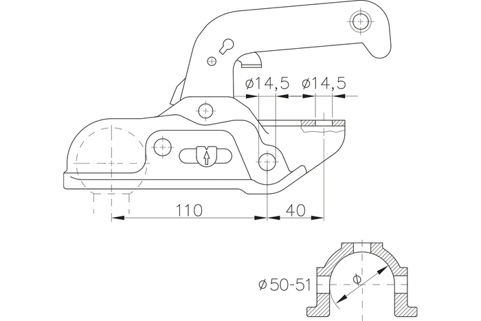Attelage à boule WINTERHOFF WW30-D3-K1414 pour remorque 3000kg avec timon tubulaire de 50mm, fonte