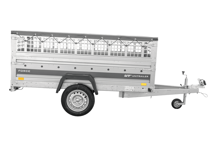 Remorque à un essieu 230x125 UNITRAILER FORCE 230 KIPP avec côtés grillagés, châssis H-0 et bâche grise