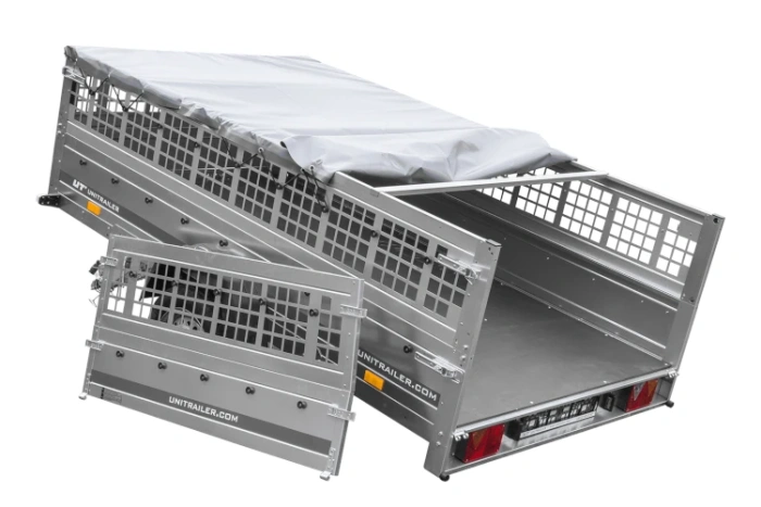 Lichte aanhanger op veren 264x150 UNITRAILER GARDEN 265/R KIPP met gaaswanden, H-0 frame en grijze afdekking