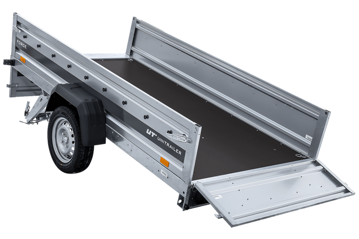 Enkelassige aanhanger 264x125 UNITRAILER FORCE 264 KIPP met gaaswanden, H-0 frame en blauwe afdekking.